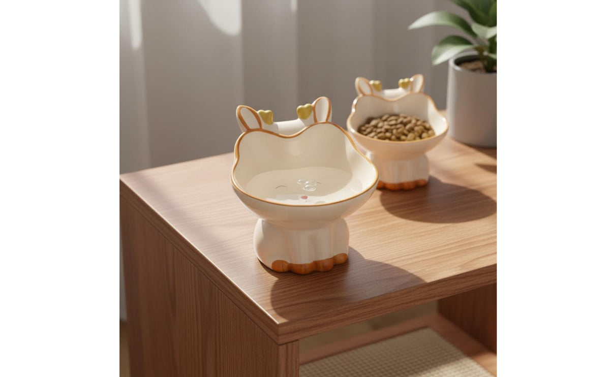 Ergonomic Design Ceramic Cat Bowl Whisker Friendly Cartoon Pet Dish Easy to Clean Raised Cat Bowl Long-Lasting for Cats, Kittens, Small Dogs