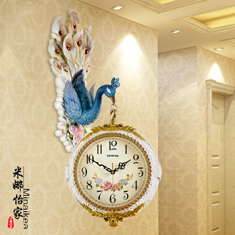 European Retro Double-Sided Wall Clock with Peacock Decoration, Silent