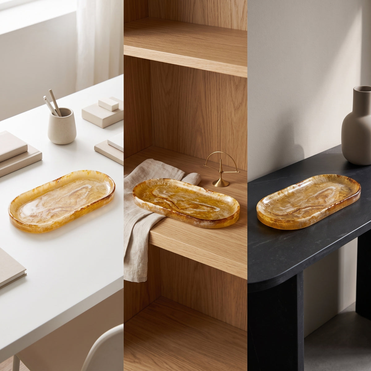 Marbled Oval Decorative Tray Amber Oval Vanity Tray Glossy Modern for Entryway