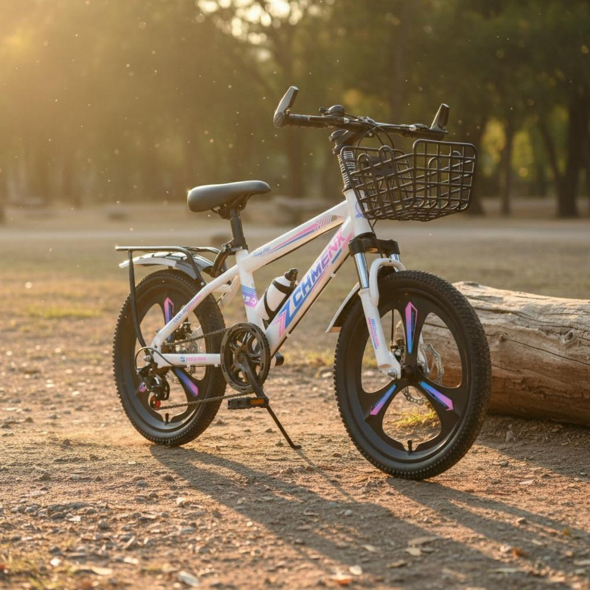 Shock Absorbing Front Fork Student Cycle with Disc Brakes High-Carbon Steel Frame Kids Mountain Bike Anti-Slip Tires Children's Cycle with Basket Lightweight Metal Alloy Wheels for Girls