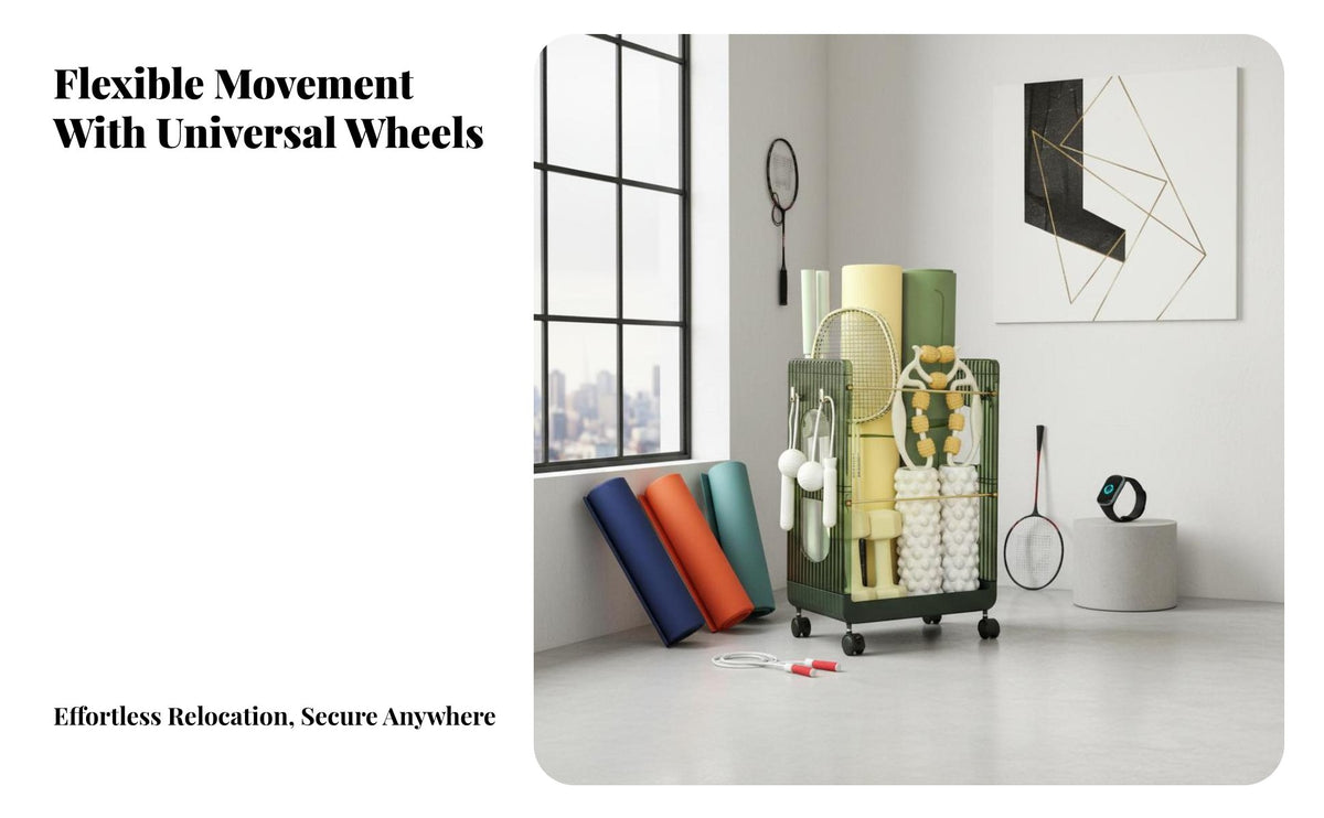 Space Saving Exercise Mat Holder Rack Lockable Casters Home Gym Equipment Organizer Side Hooks and Basket Fitness Gear Storage Rack Sturdy Metal Construction for Narrow Areas, Living Room