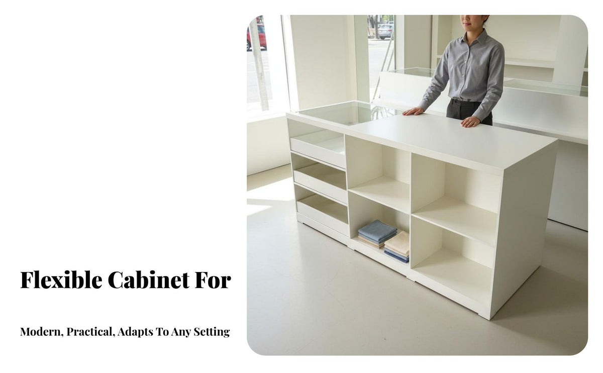 Store Island Display Table Varnish Ed Finish Retail Counter with Display Shelves Multifunctional Retail Checkout Counter for Boutiques, Salons