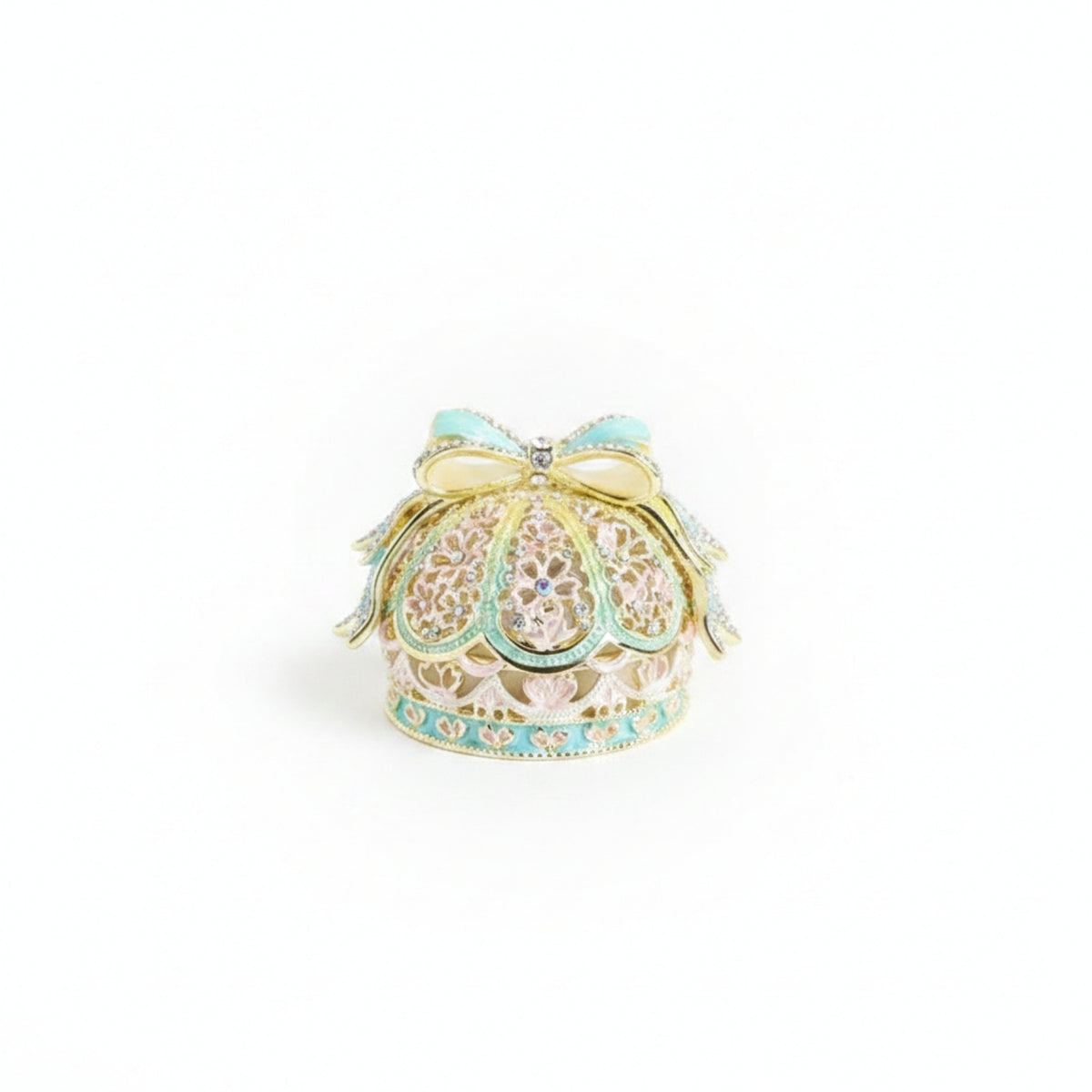 Enamel Finish Jeweled Jewelry Box Gold-Tone Trim Crown-Shaped Jewelry Box Hinged Lid Trinket Organizer Decorative Bow