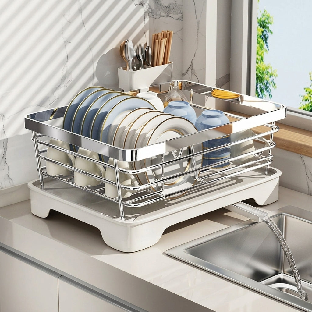 Stainless Steel Rack Dish Drainer with Cutlery Holder, 304 Stainless Steel Modern Minimalist Style Dish Rack and Drainer Rack for Home Kitchens