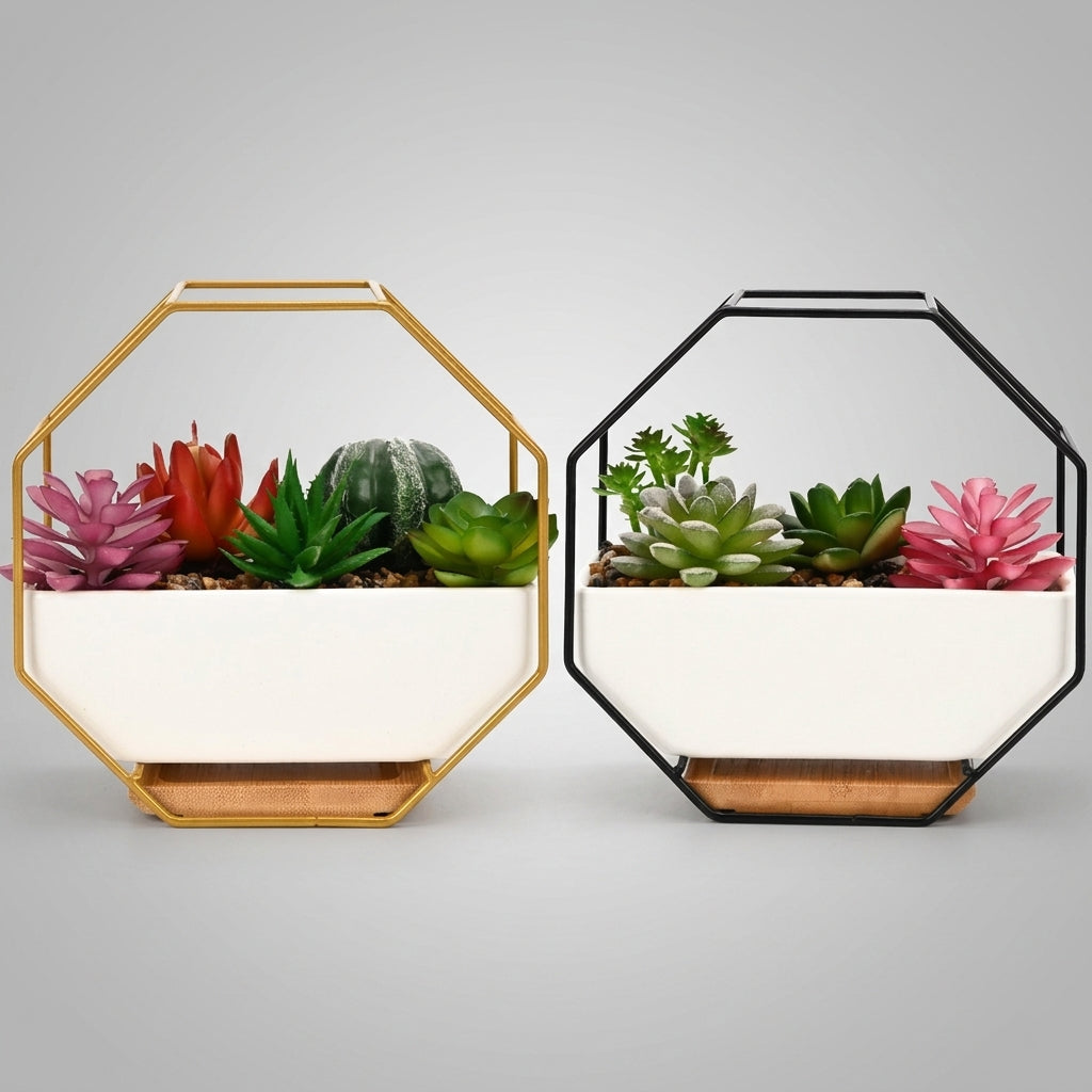 Plant Pots for Indoor Plant Pot Decor, Breathable Ceramic and Metal Planter for Air Plants, Octagonal Flower Pots for Home Office, Living Room
