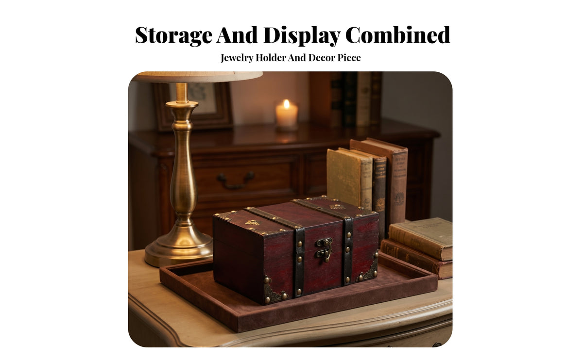 Distressed Finish Brass Tone Accents Decorative Keepsake Box Wooden Jewelry Box