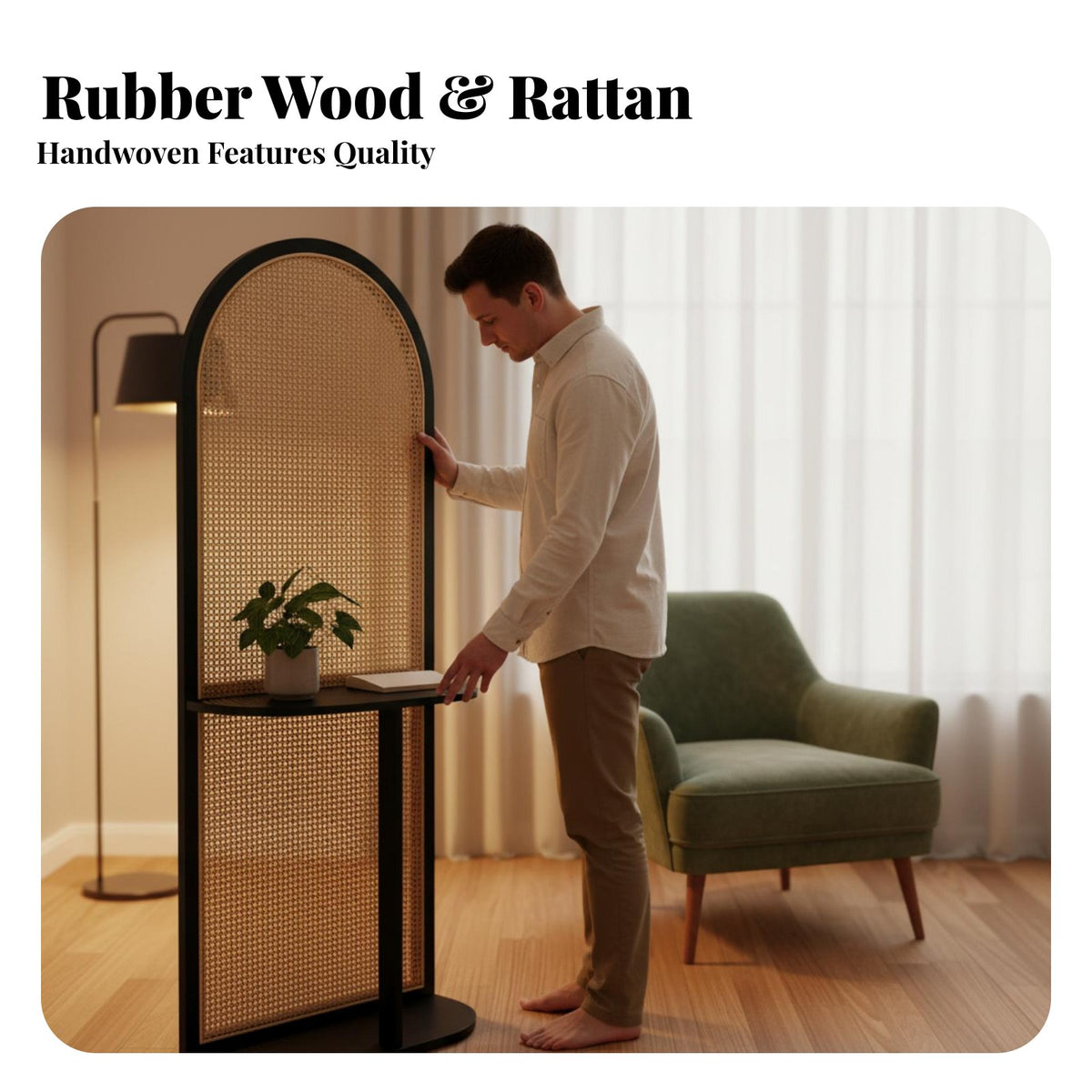 Retro Design Rattan Divider with Shelves Multi-Functional Arched Rattan Screen with Shelves Freestanding Storage Shelf Exposed Shelving for Apartment Dwellers, Interior Designers, Telecommute Workers, Entryway, Bedroom