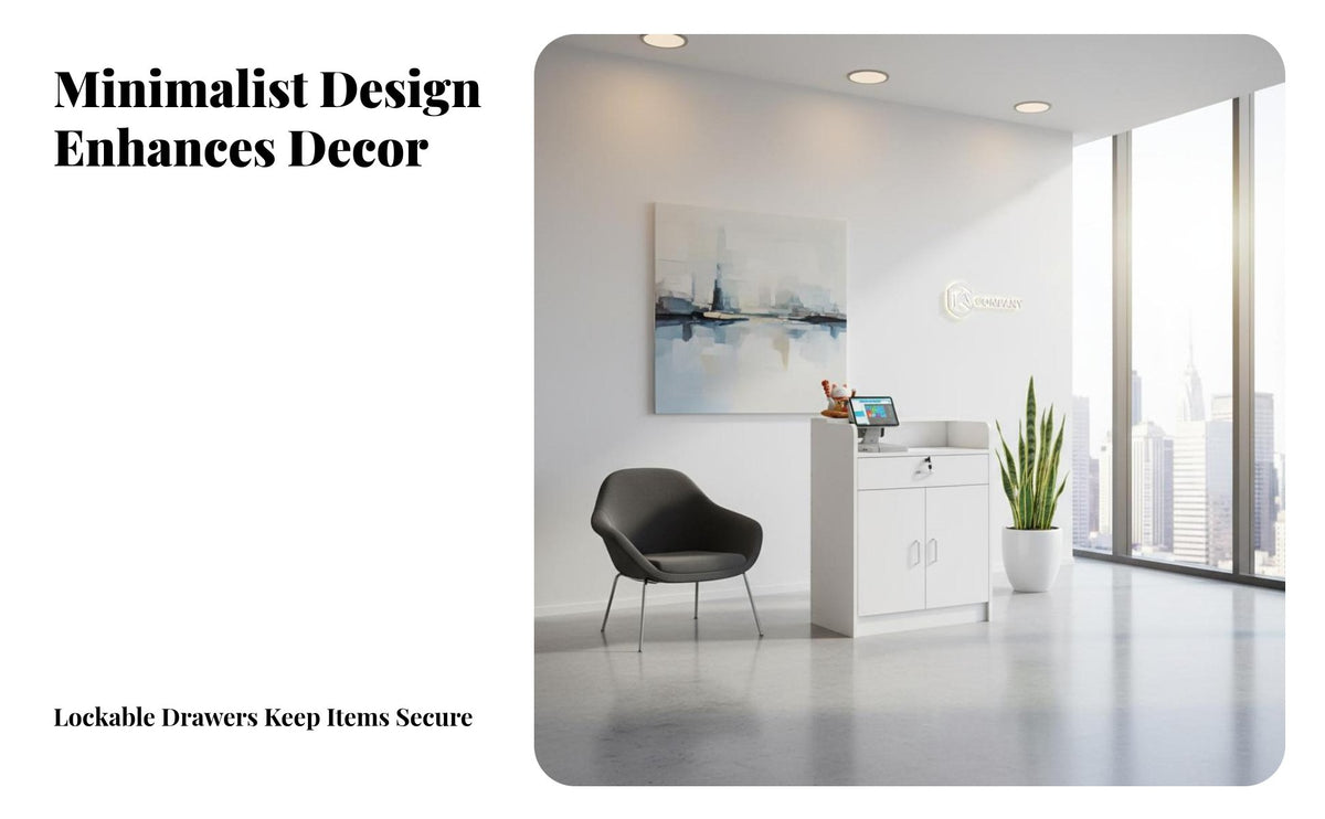 Multifunctional Modern Reception Desk Easy to Clean Reception Desk Sturdy Construction Retail Checkout Counter Multiple Storage Options for Receptionists, Office Workers, Business Owners, Lobby, Medical Office, Restaurant