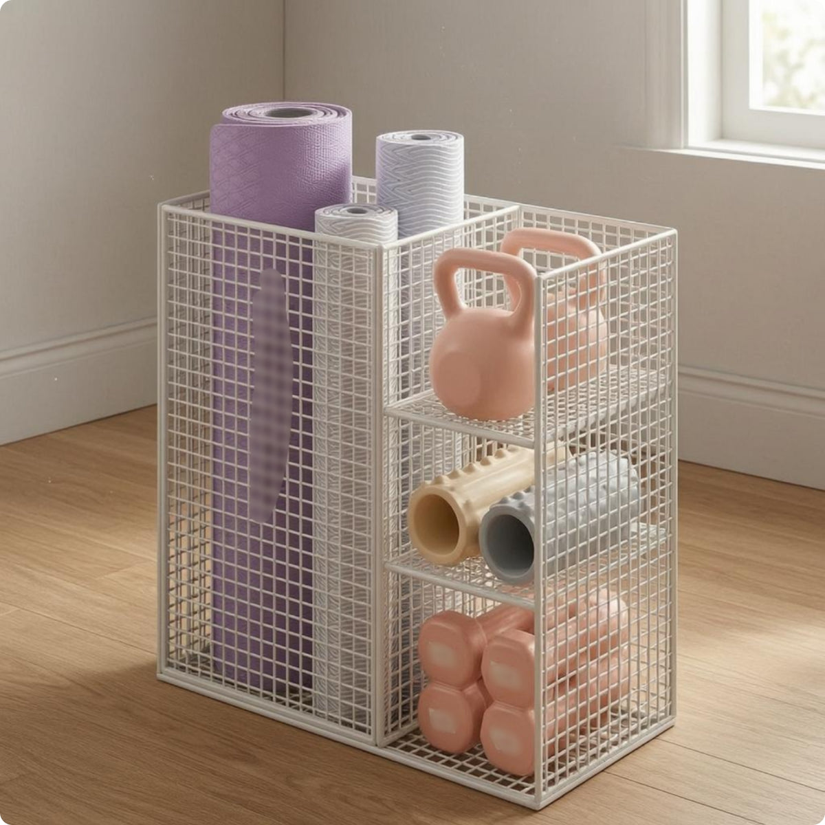 Tall Partition Fitness Mat Storage Holder Grid Grid Fitness Mat Rack Mesh Side Panels Home Gym Storage Rack Metal