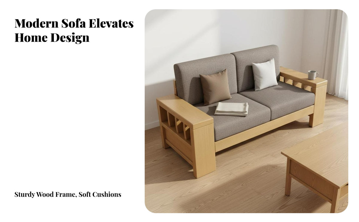 Rubber Wood Frame Sofa Firm Foam Solid Wood Sectional Sofa Sturdy Construction Textile Cushion Couch Set for Families, Apartment Dwellers, Home