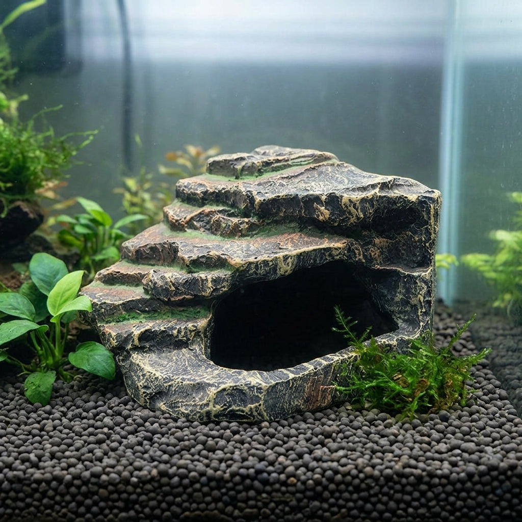 Realistic Rock Aquarium Cave and Turtle Basking Perch, Resin Hollow Hideout House for Turtles, Textured Climbing Surface and Hiding Cave