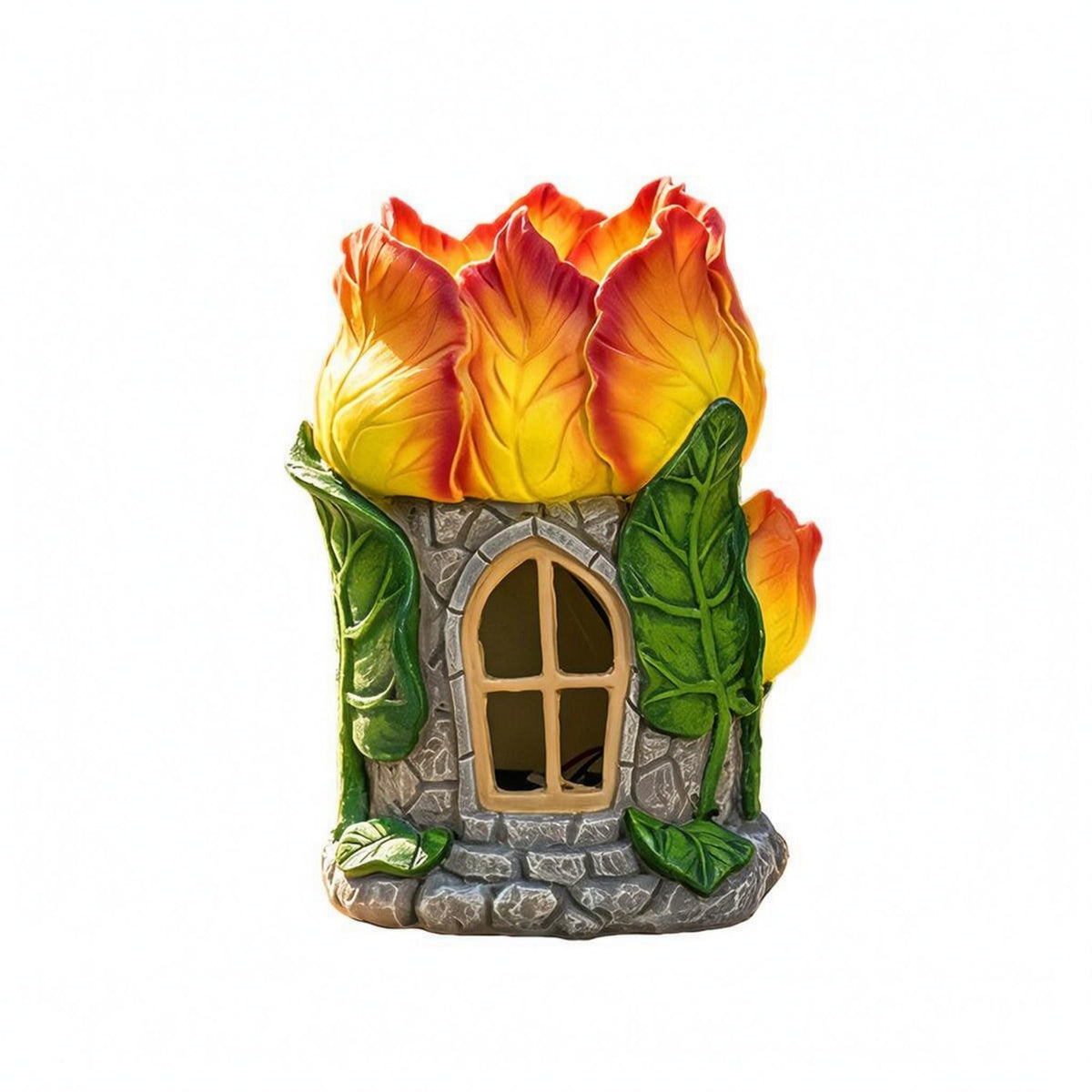 Stone-Textured Cottage Ornament Arched Window Floral House Ornament Carved Leaves for Lawn