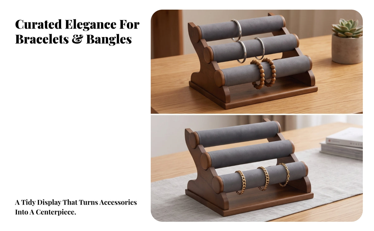 Countertop Jewelry Display Rack | Wooden Frame, Jewelry Stand with Padded rods, for Dressing Table