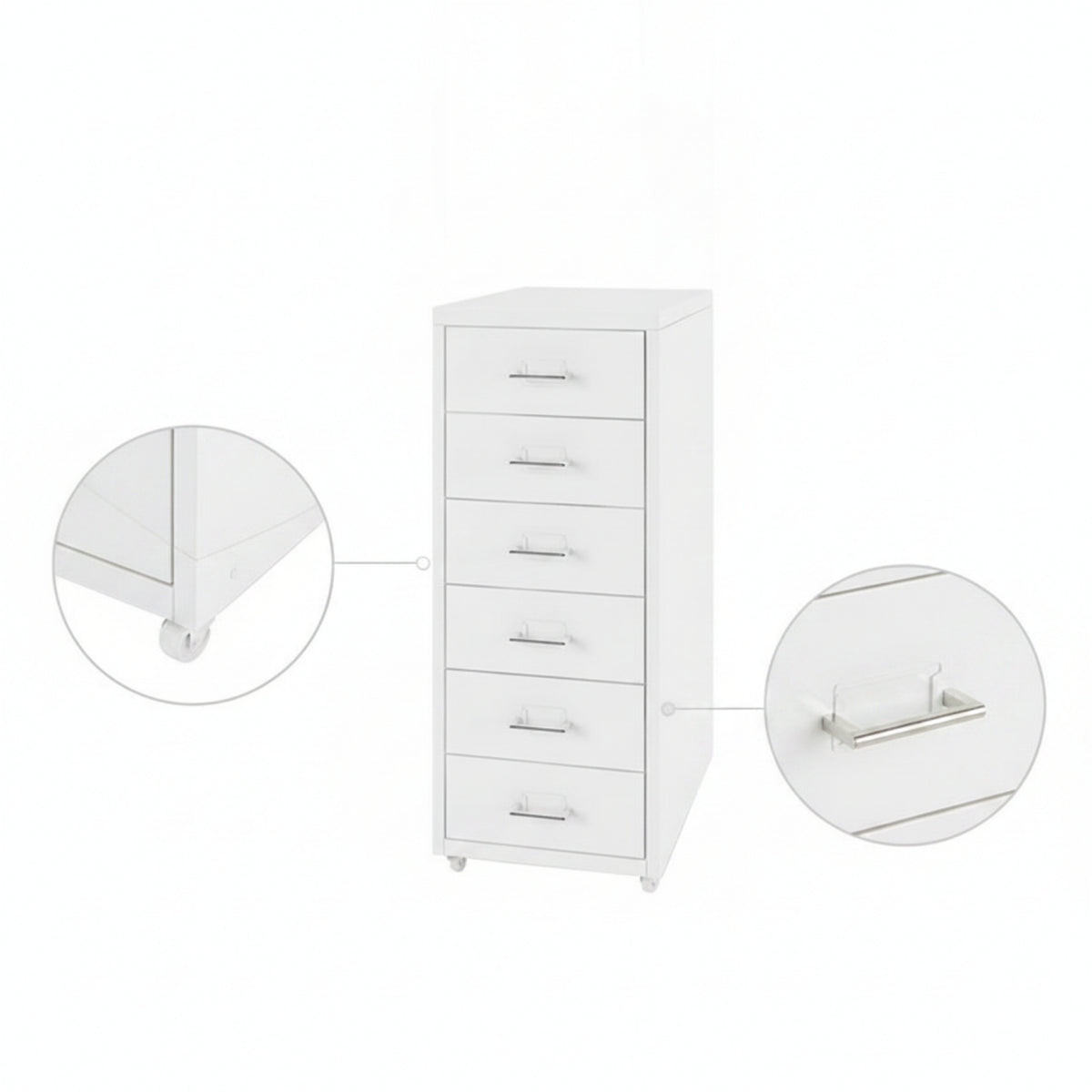 Six-Drawer Cabinet with Casters Beneath-Desk Rolling Drawer Organizer Metal Storage Cabinet for Telecommuters, Students, Home Office, Dorm Room