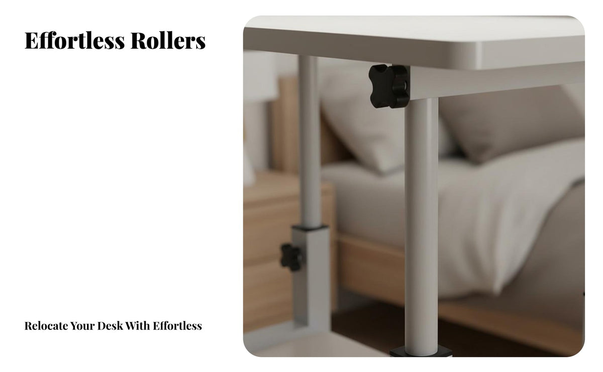 Multifunctional Bedside Computer Table with Wheels Locking Casters Height Adjustable Rolling Desk Sturdy and Long-Lasting Mobile Laptop Desk Easy Assembly for Dorm Residents, Telecommuting Workers, Bedroom, Small Areas, Home Office, Living Room