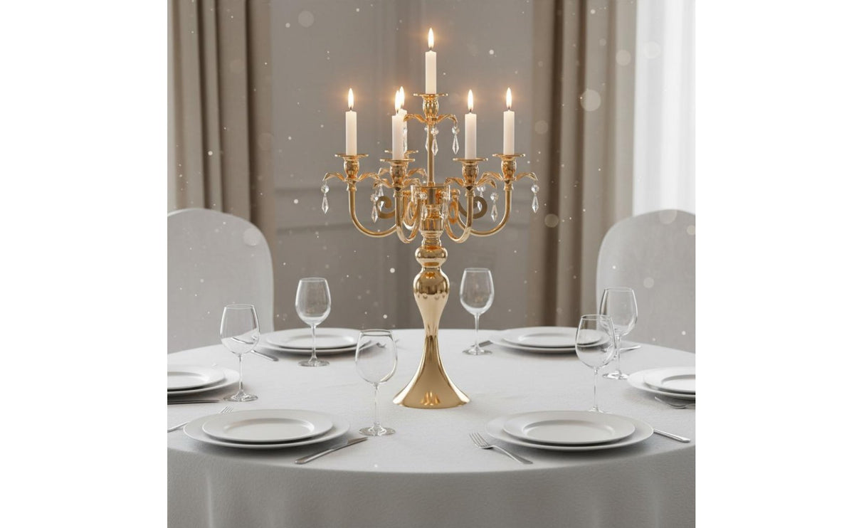 European Design 5-Arm Candelabra Luxury Look Gold Candelabra Romantic Crystal Candle Stand Elegant Design for Banquet, Party