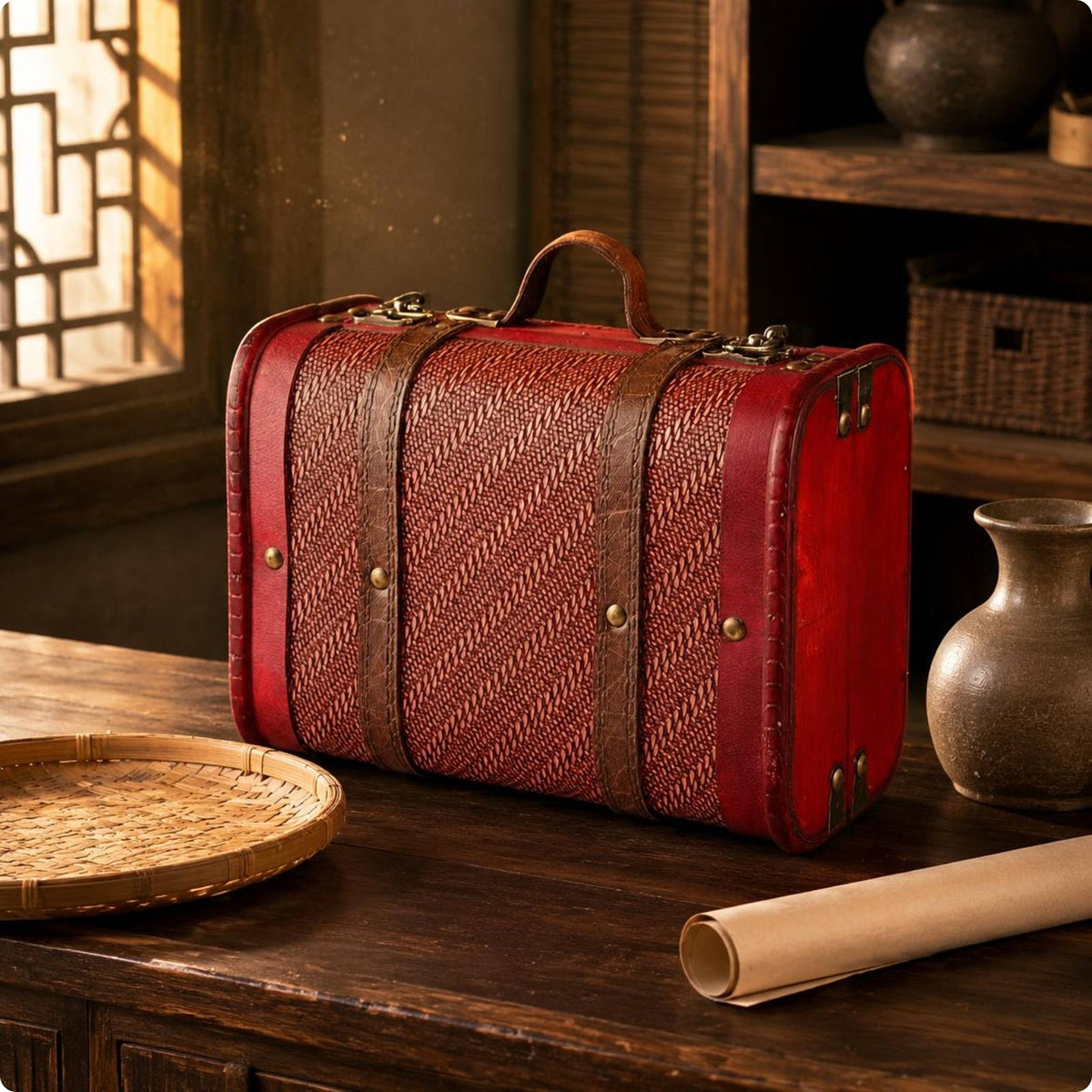 Wooden Storage Suitcase Leather-Like Trim Vintage Wooden Chest Retro Design