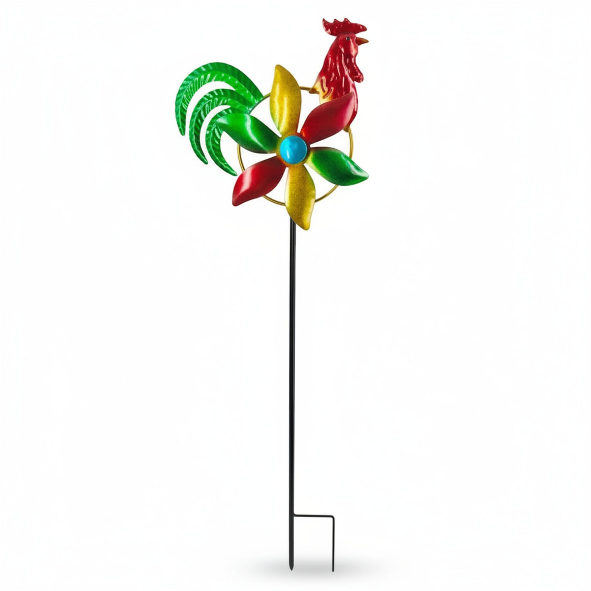 Multicolor Chicken Wind Spinner Painted Finish Metal Garden Stake Ornament Circular Frame Chicken Stake Ornament Pronged Support for Lawn, Courtyard