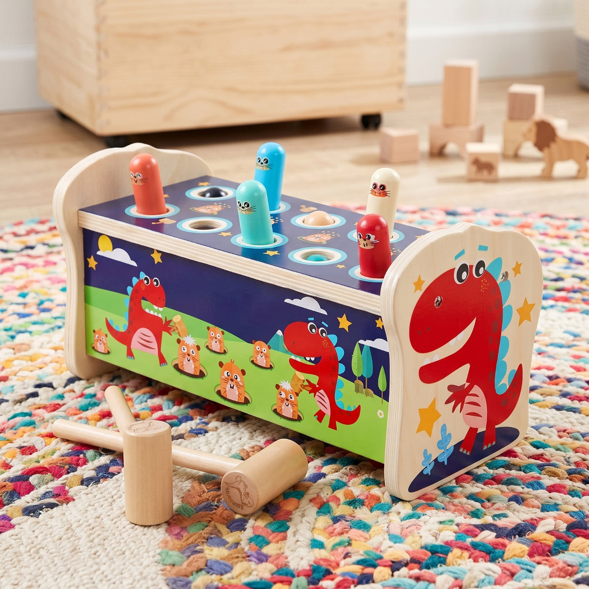 Wooden Whack-Apeg Game with Hammers Educational Whack-Apeg Toy Interactive Pounding Toy with Mallets Developmental for Preschoolers