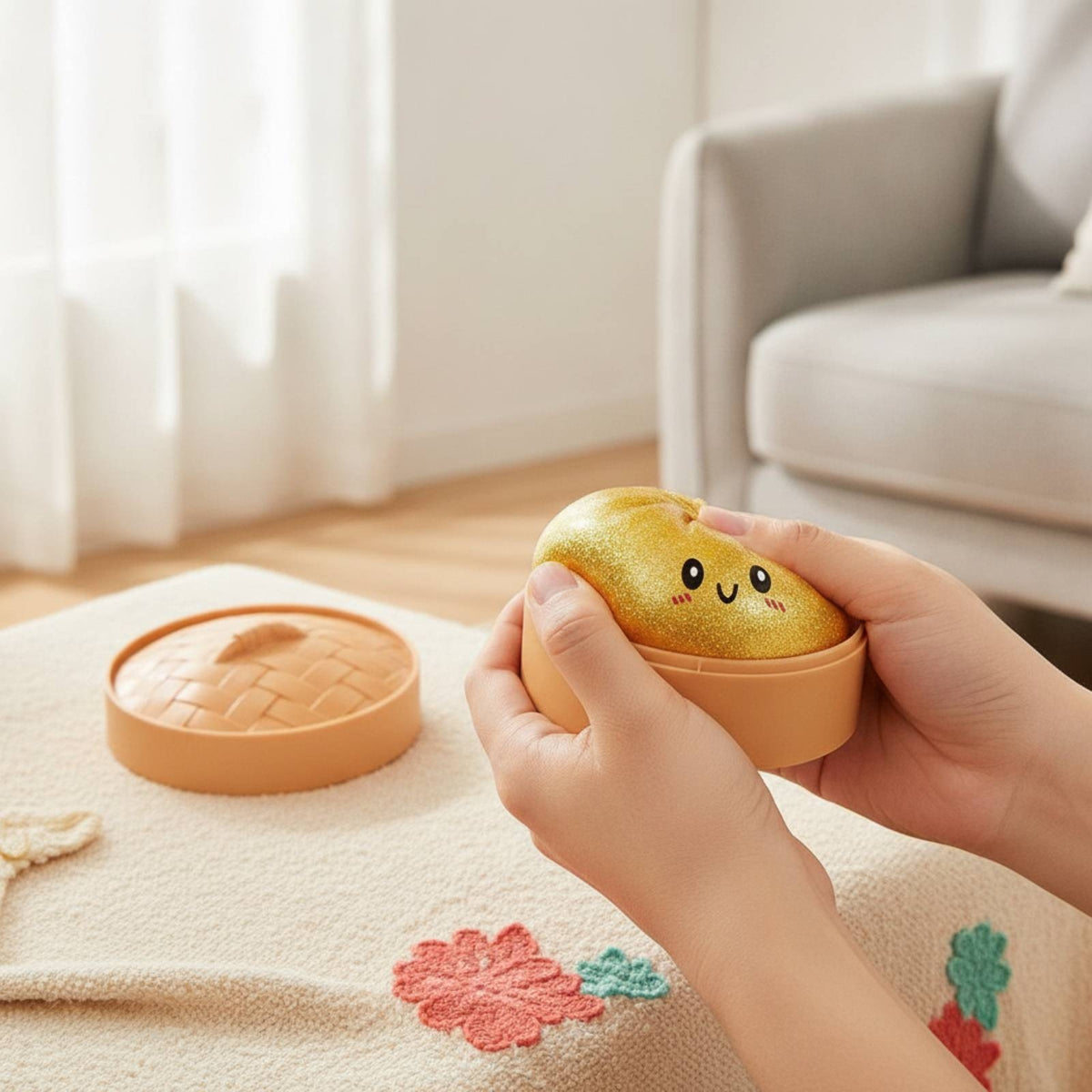 With Steamer Case Steamed Bun Squishy Soft Feel Baozi Press Toy Cute Bun Stress Toy for Children, Students, Office, School
