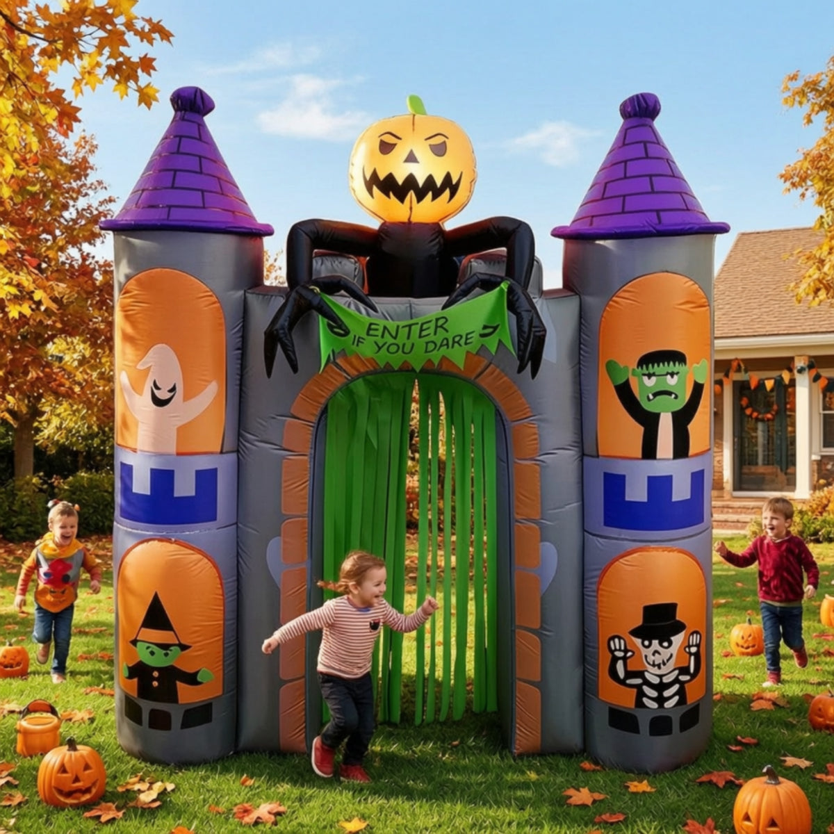 Outdoor Inflatable Archway with Curtain Lighted Inflatable Castle Archway Spooky Arch Giant for Yard, Garden, Party