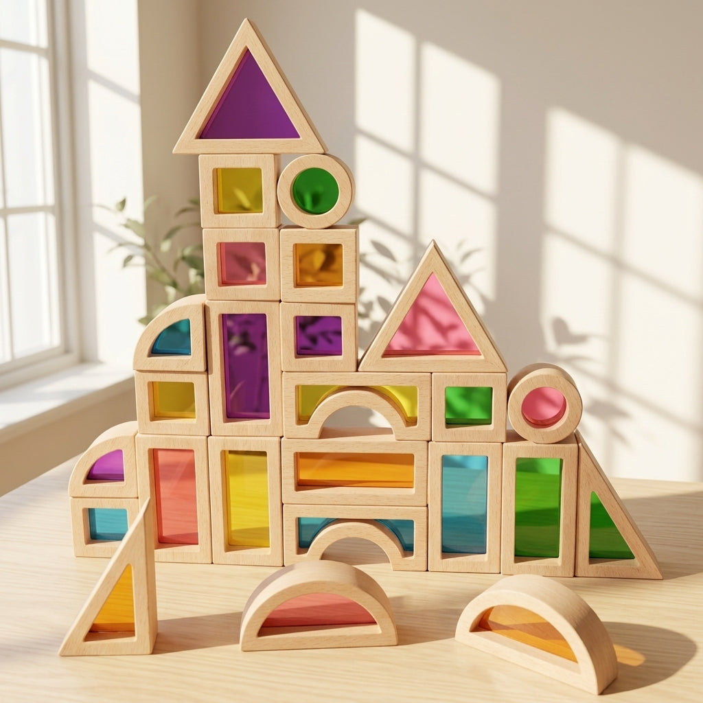 Wooden Acrylic Sensory Building Blocks Set for Kids, Educational Stacking Toy for Early Learning and Shape Recognition