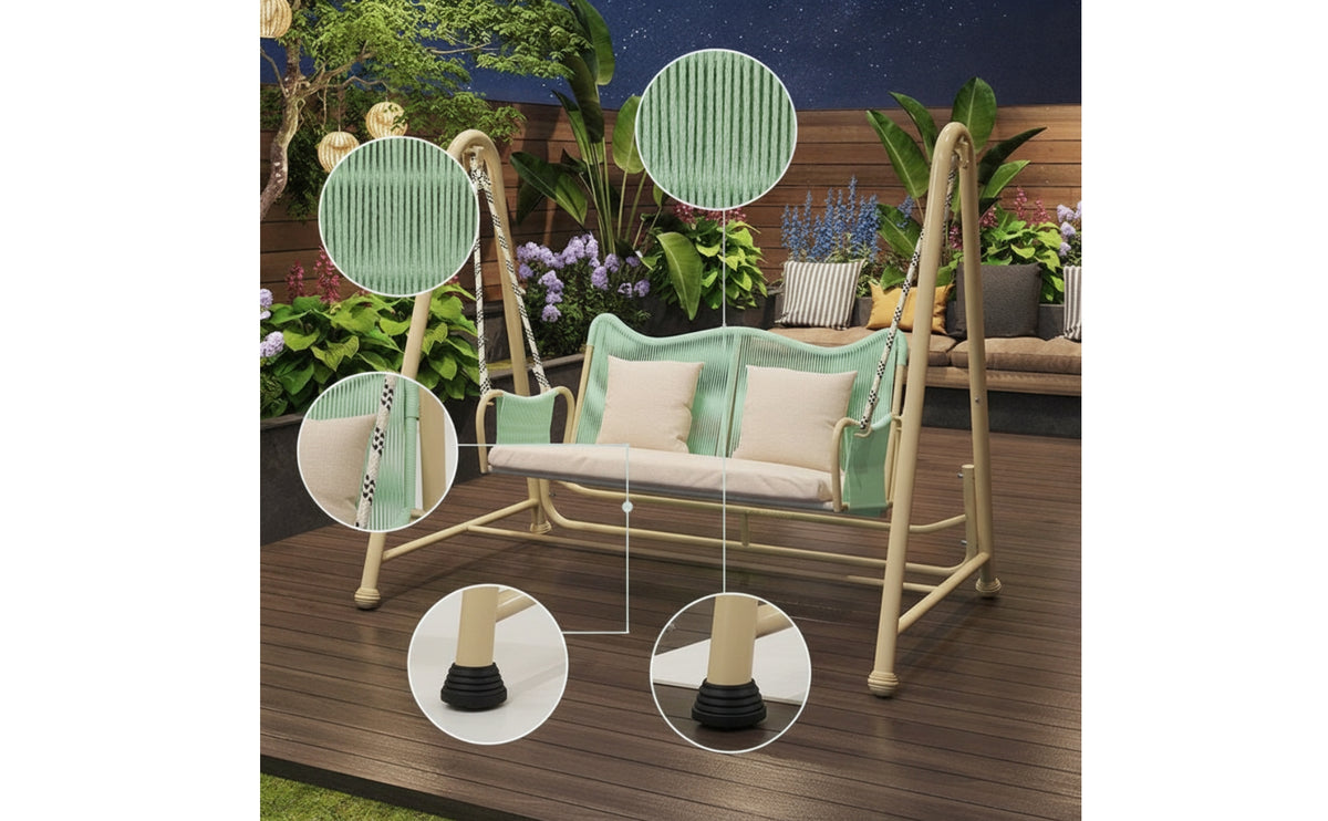 Cushioned Double Swing Chair with Canopy Freestanding Rattan Hanging Chair with Stand Weather-Resistant Furniture Long-Lasting for Couples, Balcony