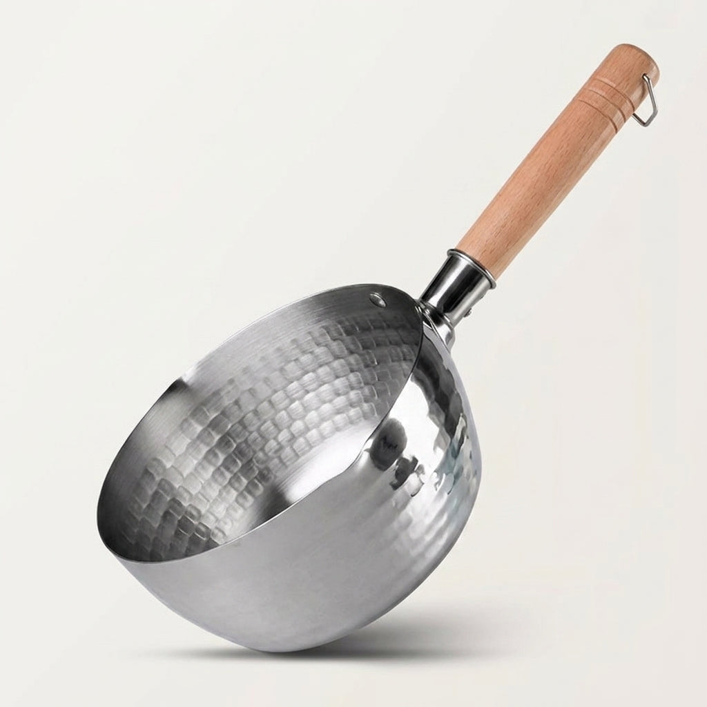 Milk Pan and Stainless Steel Saucepan with Wood Handle, Hammered 304 Stainless Steel Small Saucepan with Lid, Noodle Pot for Induction Hobs