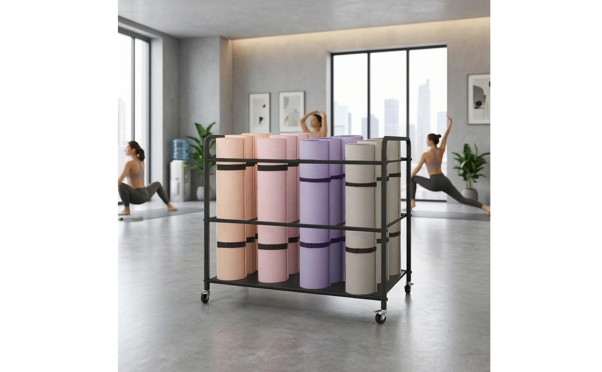 Rolling Mat Storage Cart Fitness Rack Mat Holder Black Floor Standing Metal Cart