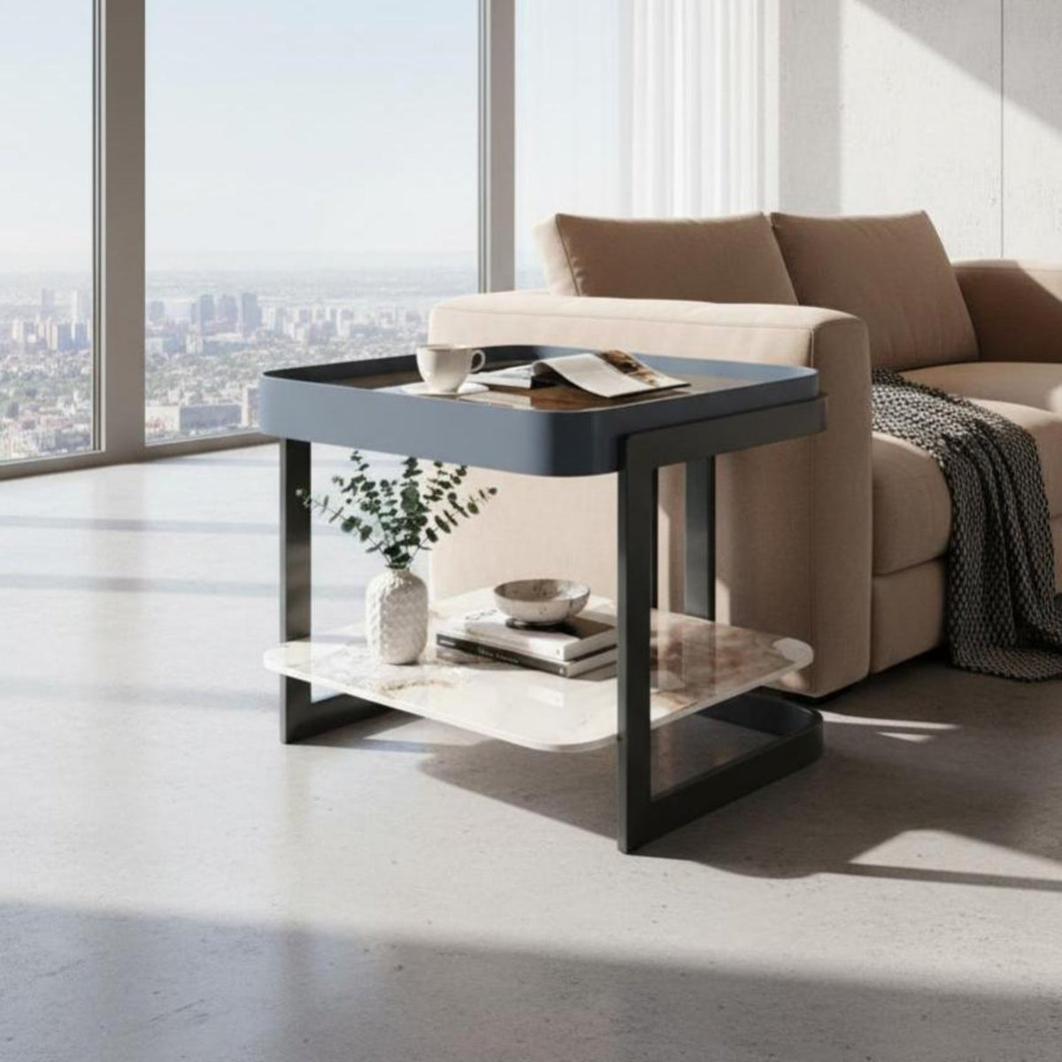 Modern Design Square Pedestal Table Minimalist Aesthetic 2-Tier Square Table Light Luxury aesthetic Nightstand Space-Saving for Homeowners, Apartment Dwellers, Interior Designers, Living Room, Bedroom, Small Spaces, Entryway