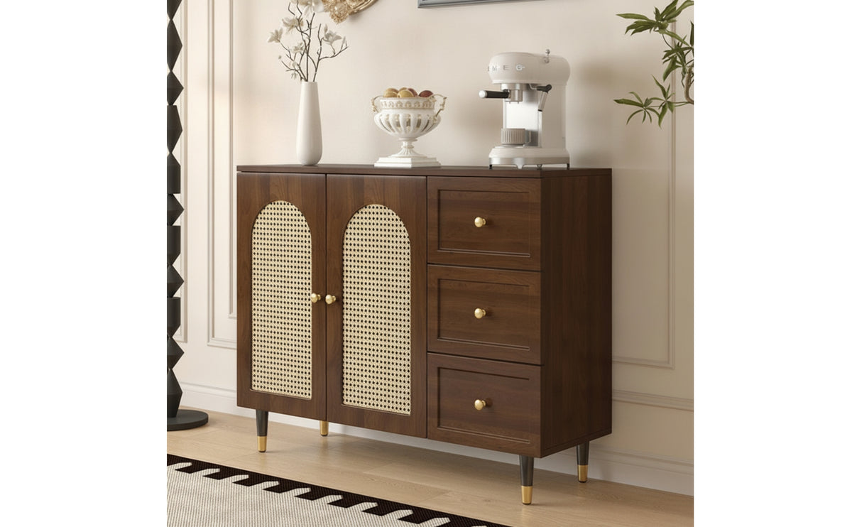 Storage Cabinet with Rattan Doors Wood-Grain Rattan Sideboard Wooden Floor Cabinet with Legs for Renters, Dining Room, Entryway, Kitchen
