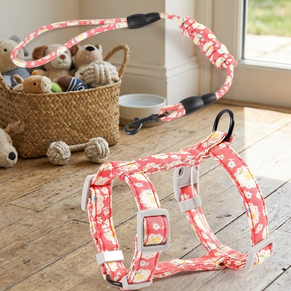 Cat Harness and Leash Set, H-shaped Soft Kitten Harness and Kitten Leash for Small Cats, Breakaway Resistant Outdoor Walking Leash, Navy/Rose