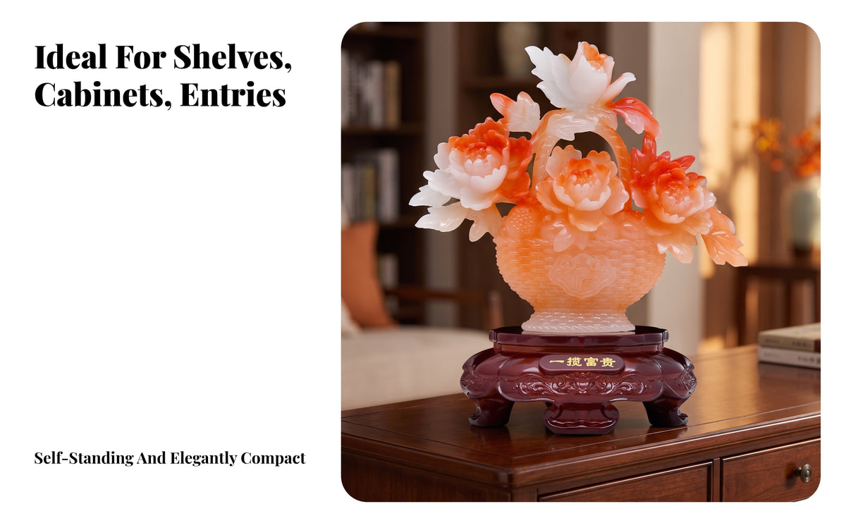 Polished Peony Flower Sculpture with Wooden Base Translucent Jade Flower Basket Tabletop Ornament for Homeowners, Art Collectors, Living Room, Entryway, Housewarming