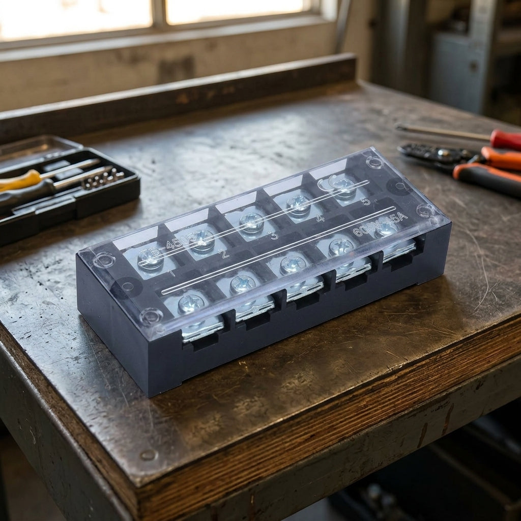 Terminal Block with Copper Conductor for 15A/25A/45A, 10 Position Strip for DIY Electronics, 600V Wiring Terminal, Transparent Cover Connector