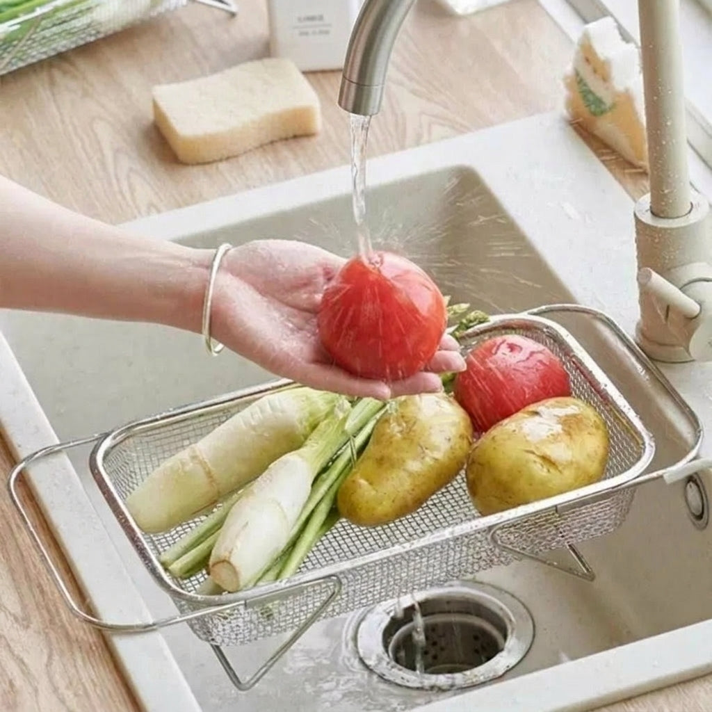 Extendable Dish Rack and Kitchen Sink Drainer, Stainless Steel Fruit Drain Basket and Vegetable Colander, Over Sink Space Saving Modern Style