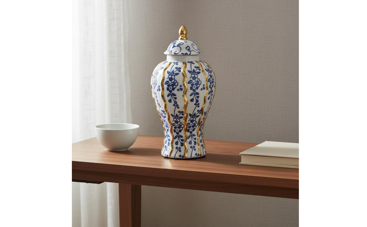 Chinoiserie Vase Luxury Gilded Finish Ceramic Ginger Jar Included Lid Blue Peony Ginger Jar for Showroom