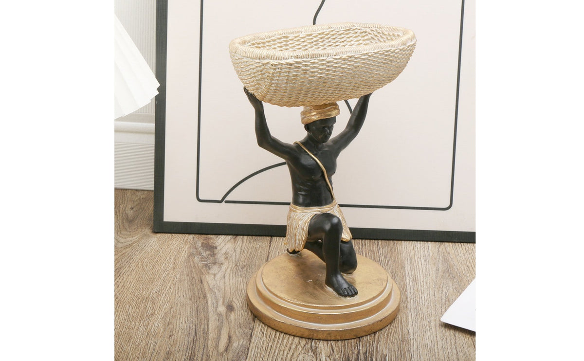 Resin Tribal Figure Key Holder Creative Design Kneeling Man Statue with Bowl Multi-Functional Home Decoration for Office