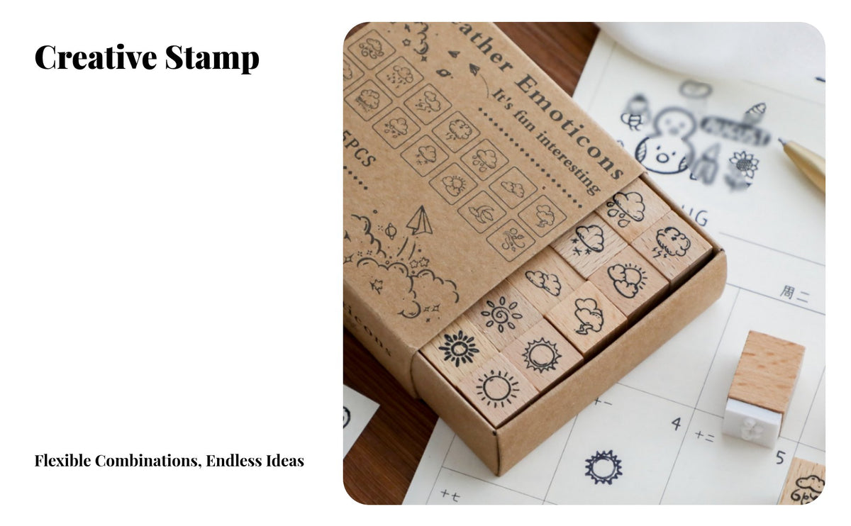 25 Pieces Weather Symbol Stamp Blocks Cute Designs Emoticon Planner Stamps Wooden Rubber Stamp Set Natural Wood Handles