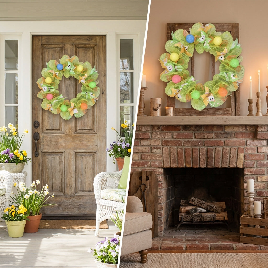 Easter Wreath with Eggs Mesh Door Wreath Spring Decor for Home, Staircase, Entryway, Porch Decoration