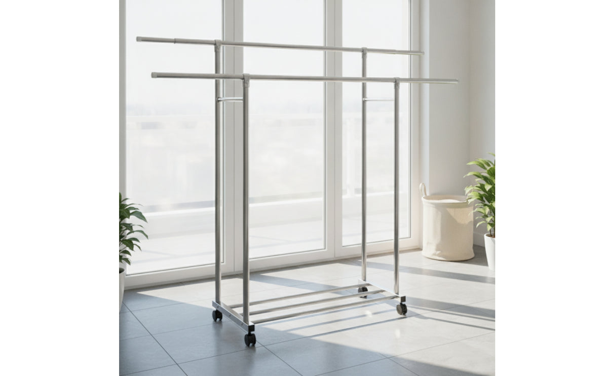 Extendable Rolling Clothes Rack with Shelf Heavy Duty Garment Rack with Wheels Portable Sturdy for Bedroom