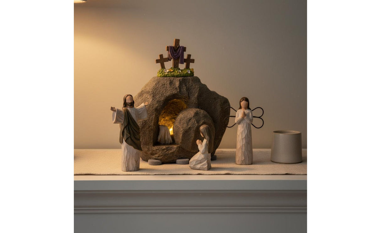 Hand-Painted Empty Tomb Decoration Set Light-Up Jesus Resurrection Scene Set LED Illuminated He Is Risen Decoration Resin Craftsmanship for Christians, Living Room, Church