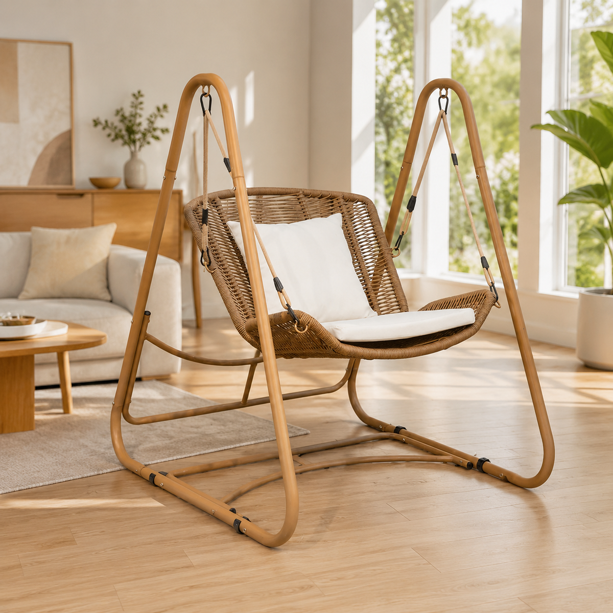 Hanging Chair with Frame, Modern Freestanding Swing Chair for Garden & Terrace, Weatherproof Garden Furniture with Cushion, 115x105x137cm