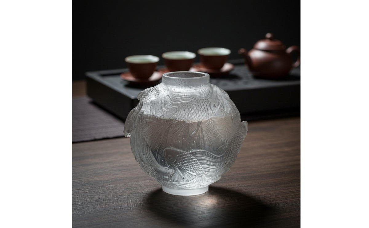 Decorative Vase with Fish Motif | Textured, Embossed Glass Vase, for Living Room