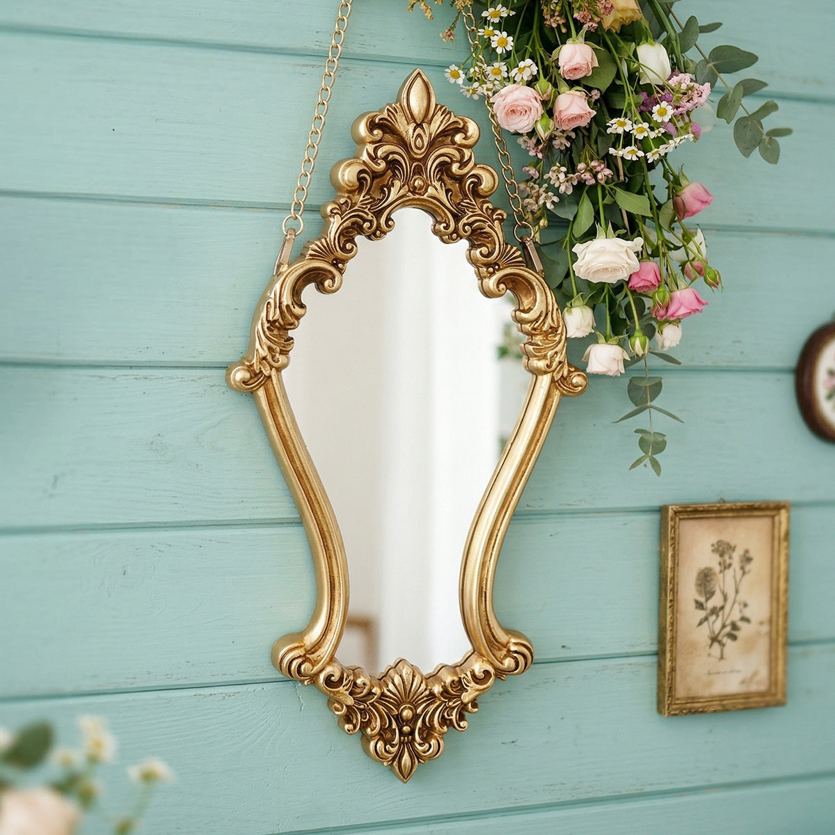 European Style Gold Resin Wall Mirror with Embossed Design