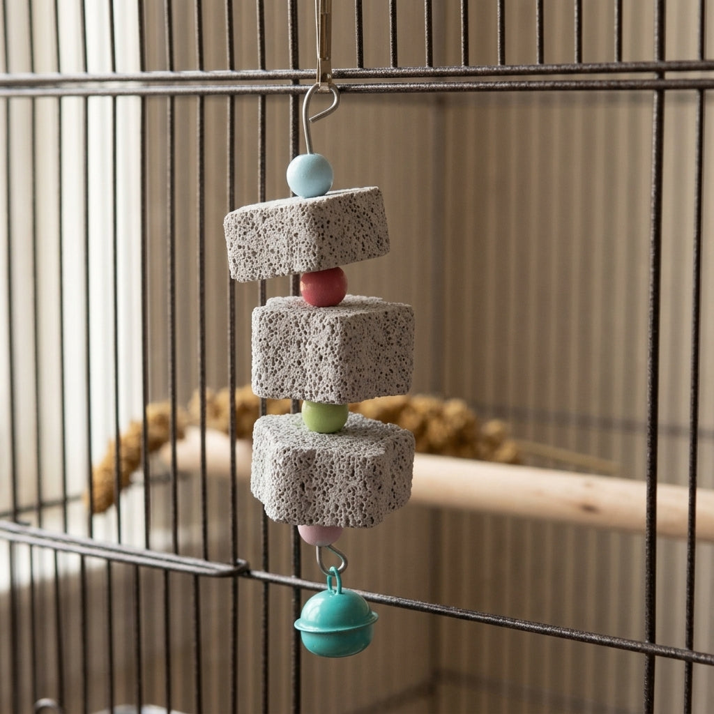 Macaron Volcanic Stone Skewer 3 Pieces Bird Grinding Stone, Cuttlebone Bird Gnawing Toy for Beak Trim, Hanging Parrot Supplies and Accessories