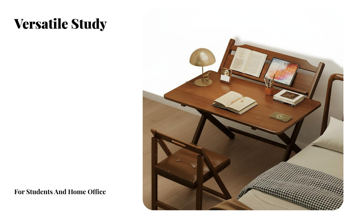 Solid Wood Folding Wooden Desk Multi-Use Space Saving Portable Desk Wobble-Stable Foldable Computer Table With Bookstand for Students, Bedroom