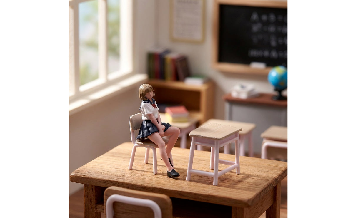 VM 1/64 School Uniform Short Hair Girl Miniature Figure with Desk and Chair Set for Classroom Scene