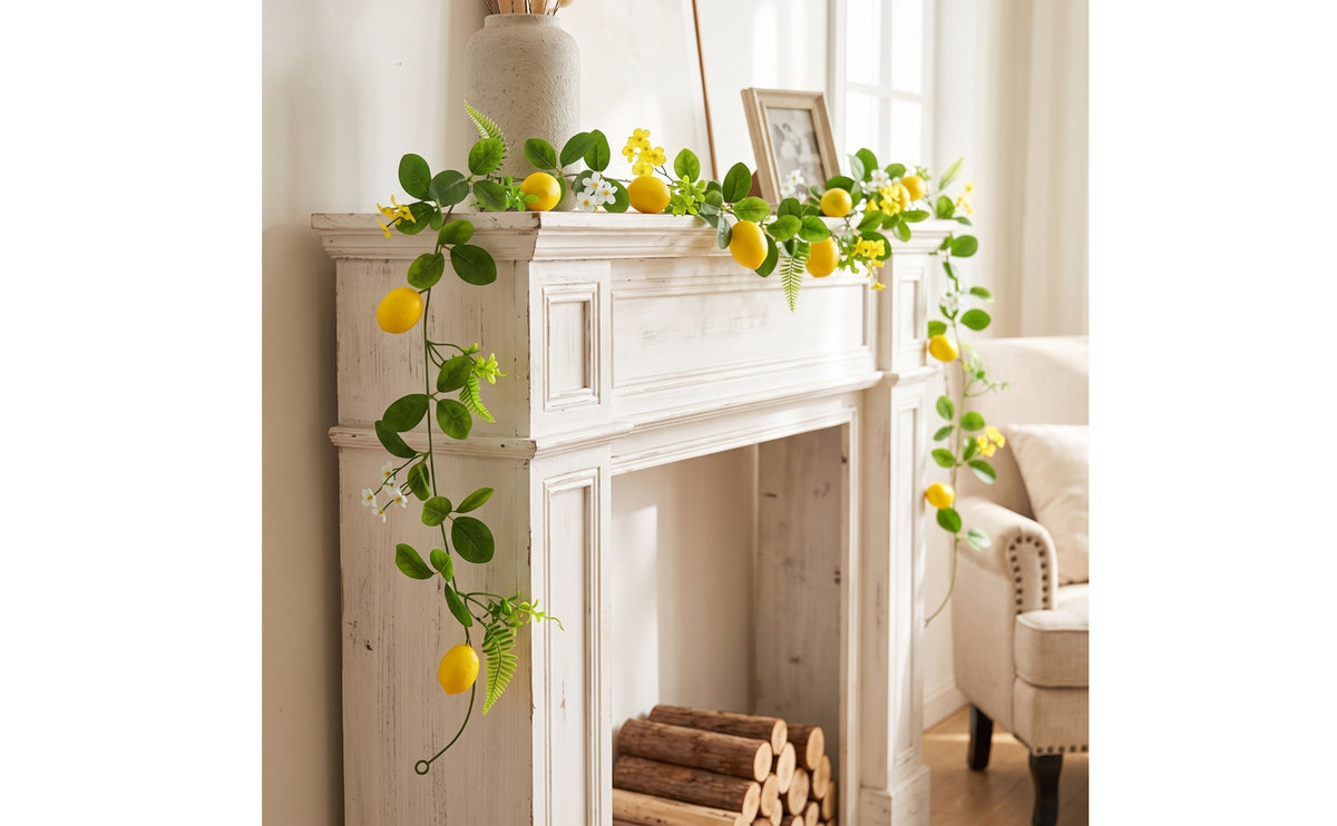 Artificial Lemon Garland Greenery Artificial Lemon & Foliage Faux Garland with Fruits for Doorway, Stair Railing, Party Backdrop