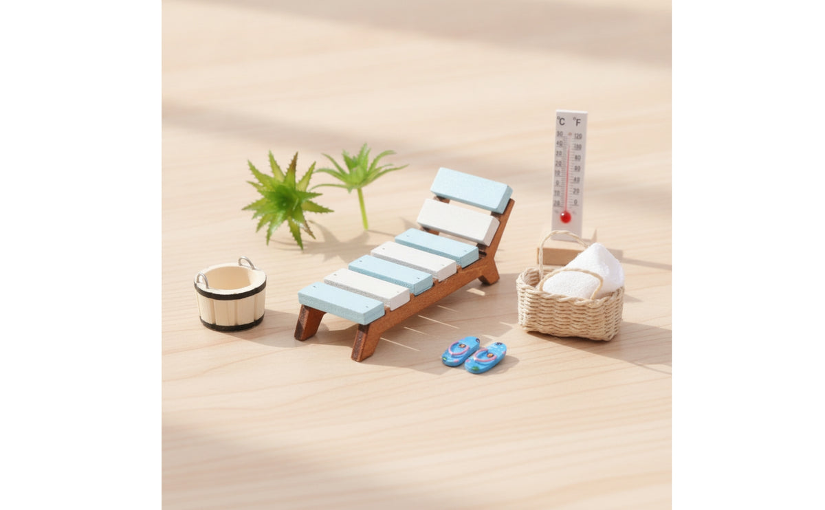 Dollhouse Lounge Chair with Accessories Wooden Miniature Sauna Set Spa-Themed Beach Chair for Collectors, Crafters, Photo Arrangement