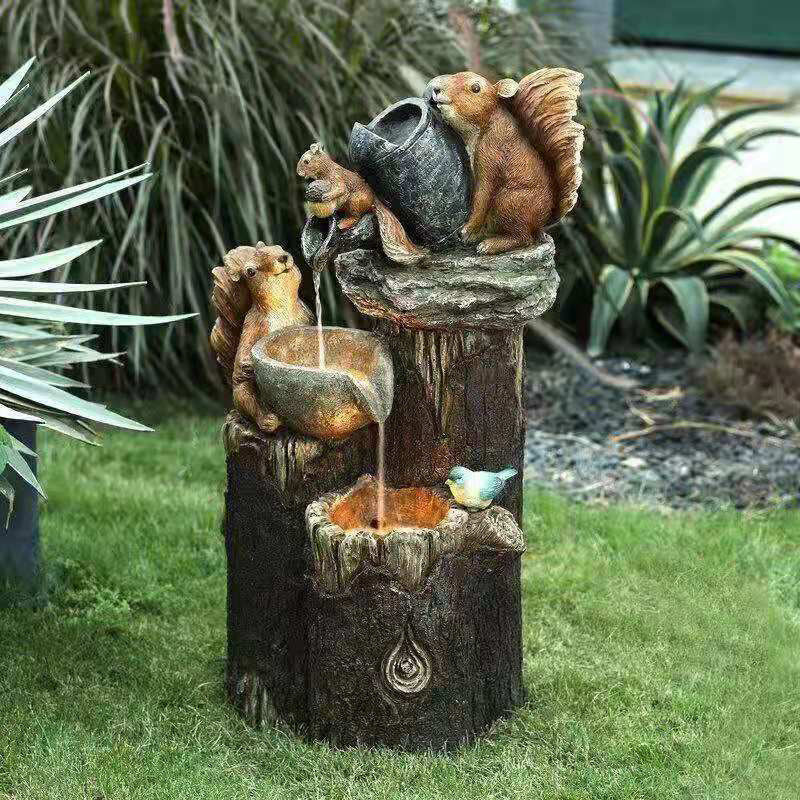Solar-Powered Resin Duck and Squirrel Garden Waterfall Ornaments